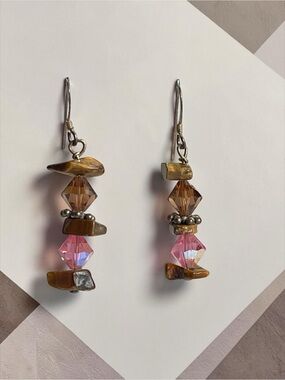 Sterling Silver Tiger's Eye Pink Crystal Drop Earrings